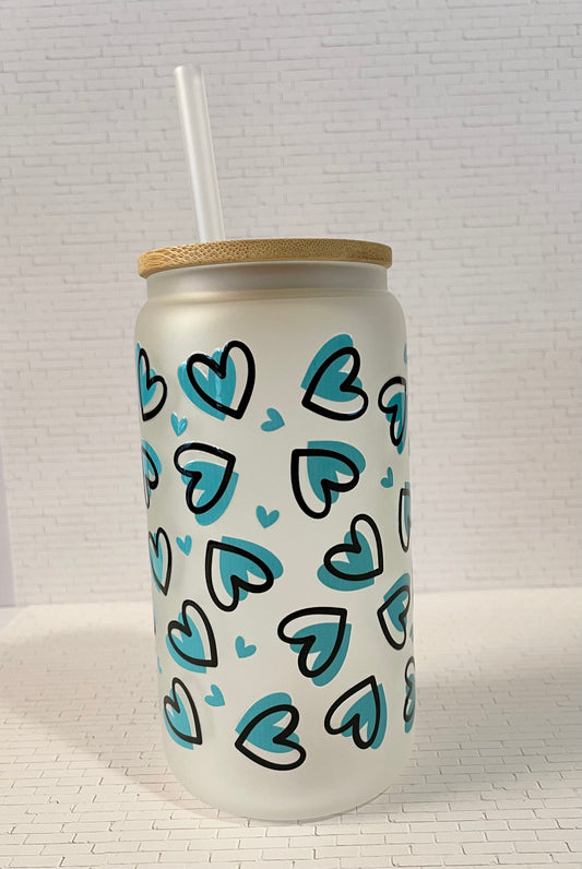 Teal & Black Hearts Glass Cup
