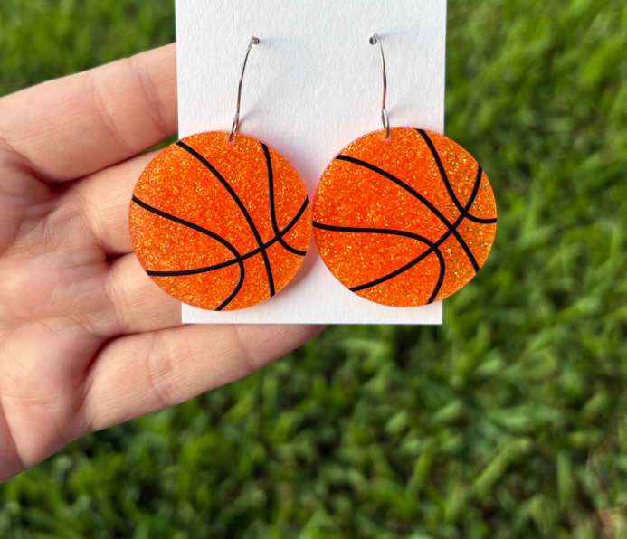 Orange Glitter Basketball Dangle Earrings