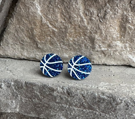 Blue Basketball Glitter Stud Earrings